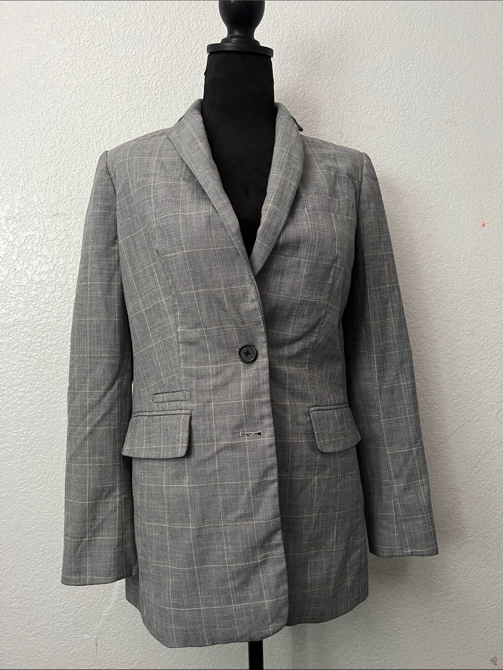 DKNY Gray Plaid Single-Button Blazer